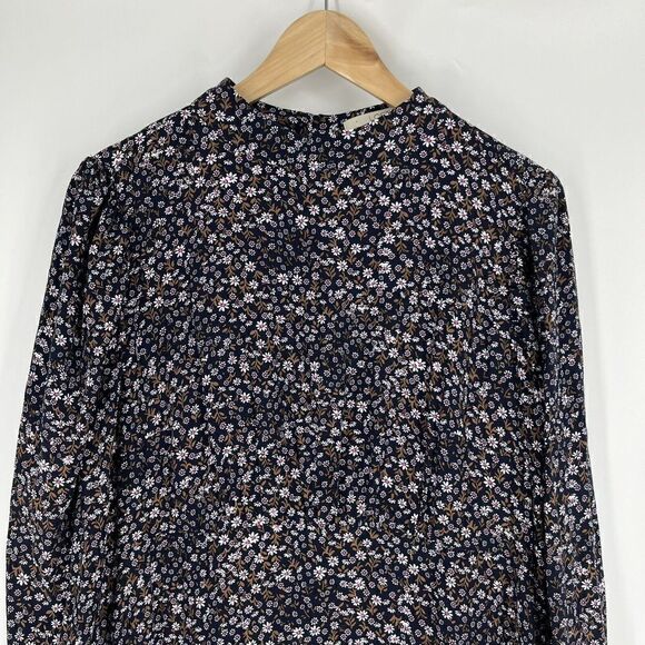 Loft Plus Dress Size 14 Womens Navy Floral Print Mock Neck Flare Puff Sleeve - Picture 2 of 8